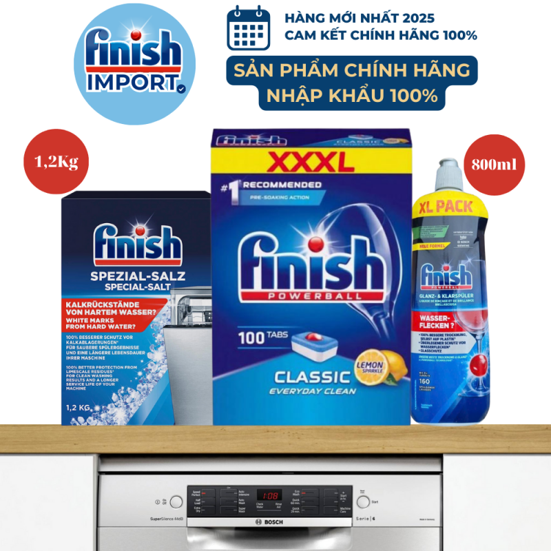 Combo 3 món: Hộp 100 viên Finish Classic XXXL hương chanh + 1,2kg muối Finish + 800ml nước làm bóng Finish (trợ xả)